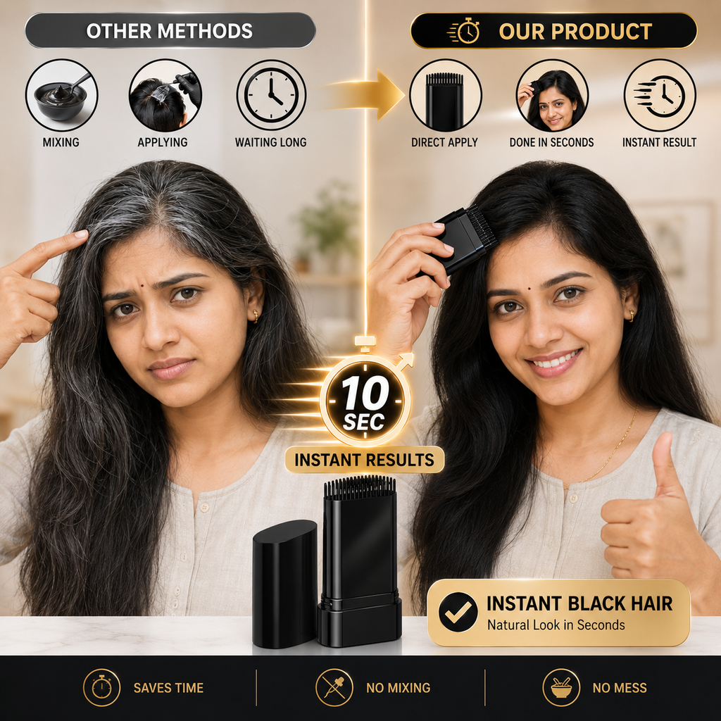 Comparison of a woman with gray hair and black hair, using a product to achieve instant black hair results.Magic PixiColor Pro hair color wand no mess no mixing gray cover
