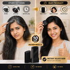 Comparison of a woman with gray hair and black hair, using a product to achieve instant black hair results.Magic PixiColor Pro hair color wand no mess no mixing gray cover
