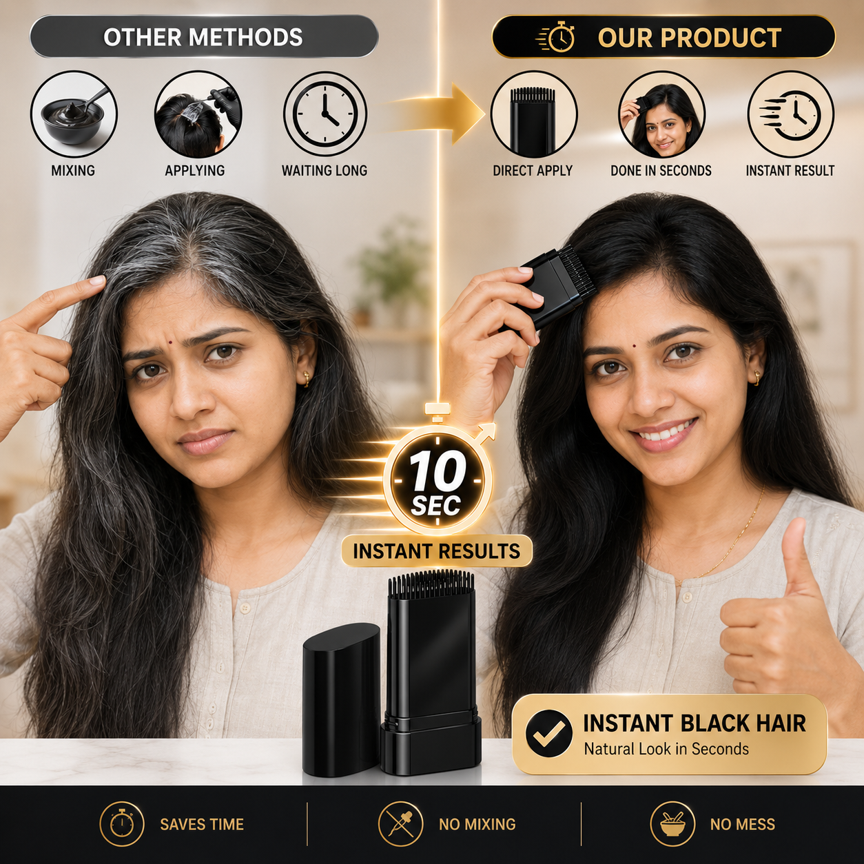 Comparison of a woman with gray hair and black hair, using a product to achieve instant black hair results.Magic PixiColor Pro hair color wand no mess no mixing gray cover
